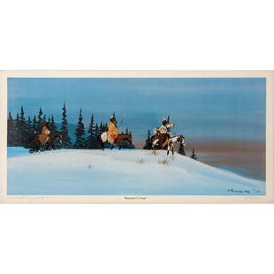 Gale Running Wolf Sr (American b.1950) Art Print: Title; Returning to Camp. Signed in pencil on lower left. Numbered on lower right; 284/500. Housed in blue metal frame with glass cover. Comes with artist biography document on back. Gale Running