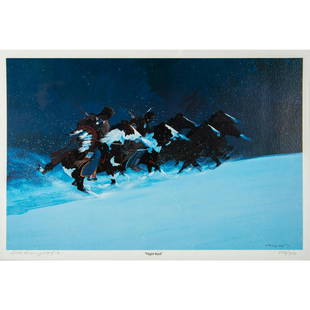 Gale Running Wolf Sr (American b.1950) Art Print, Night Raid: Signed in pencil on lower left. Numbered on lower right; 149/950. Housed in metal frame with glass cover. Comes with artist biography document on back. Gale Running Wolf, Sr. is a member of the