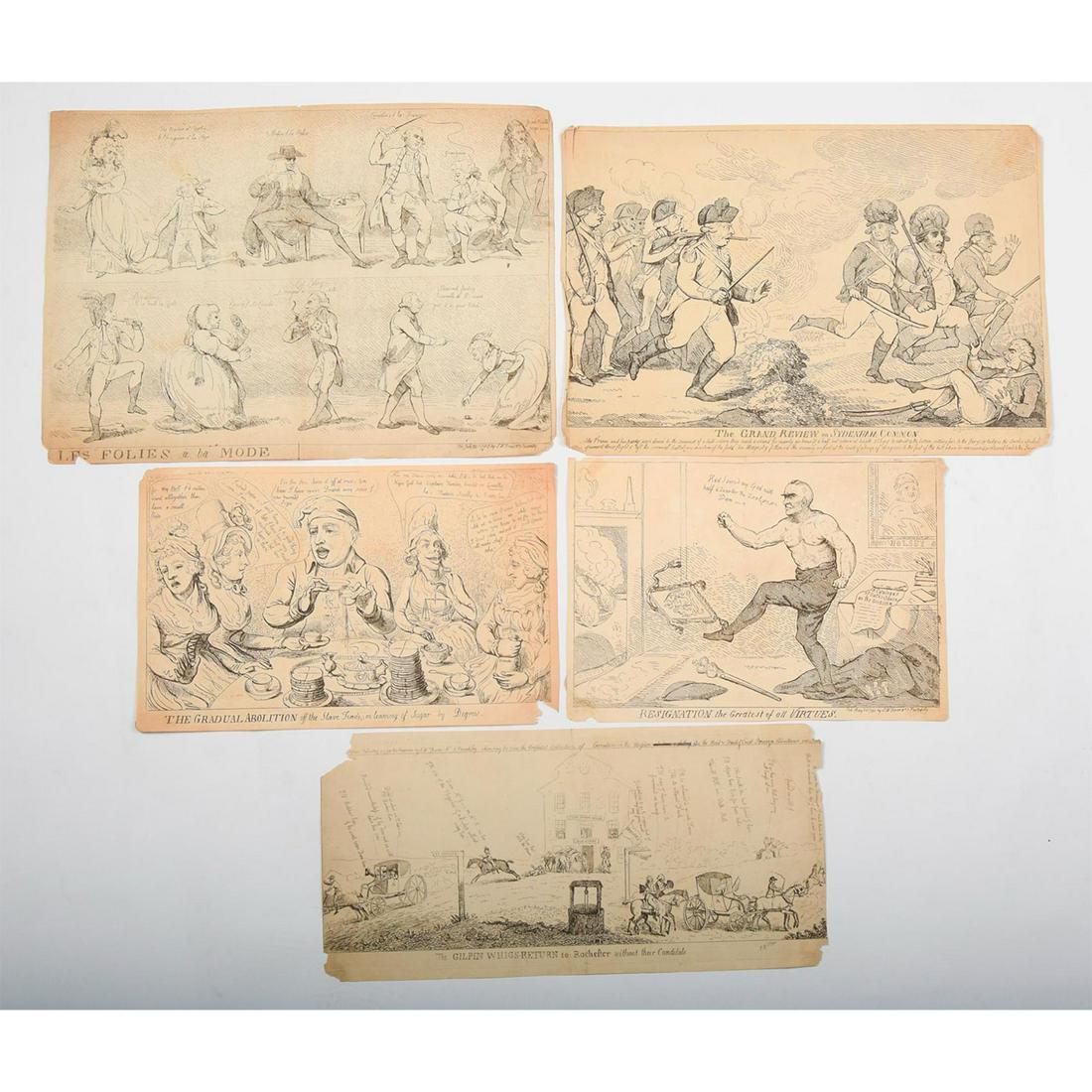 5pc After Isaac Cruikshank, Etching Satirical Print: Unframed. Antique etching social and political satire prints. This listing includes the following prints; "Resignation the Greatest of all Virtues" Size - 9.75"H x 13.75"W. Inscription - Pub May 26, 1
