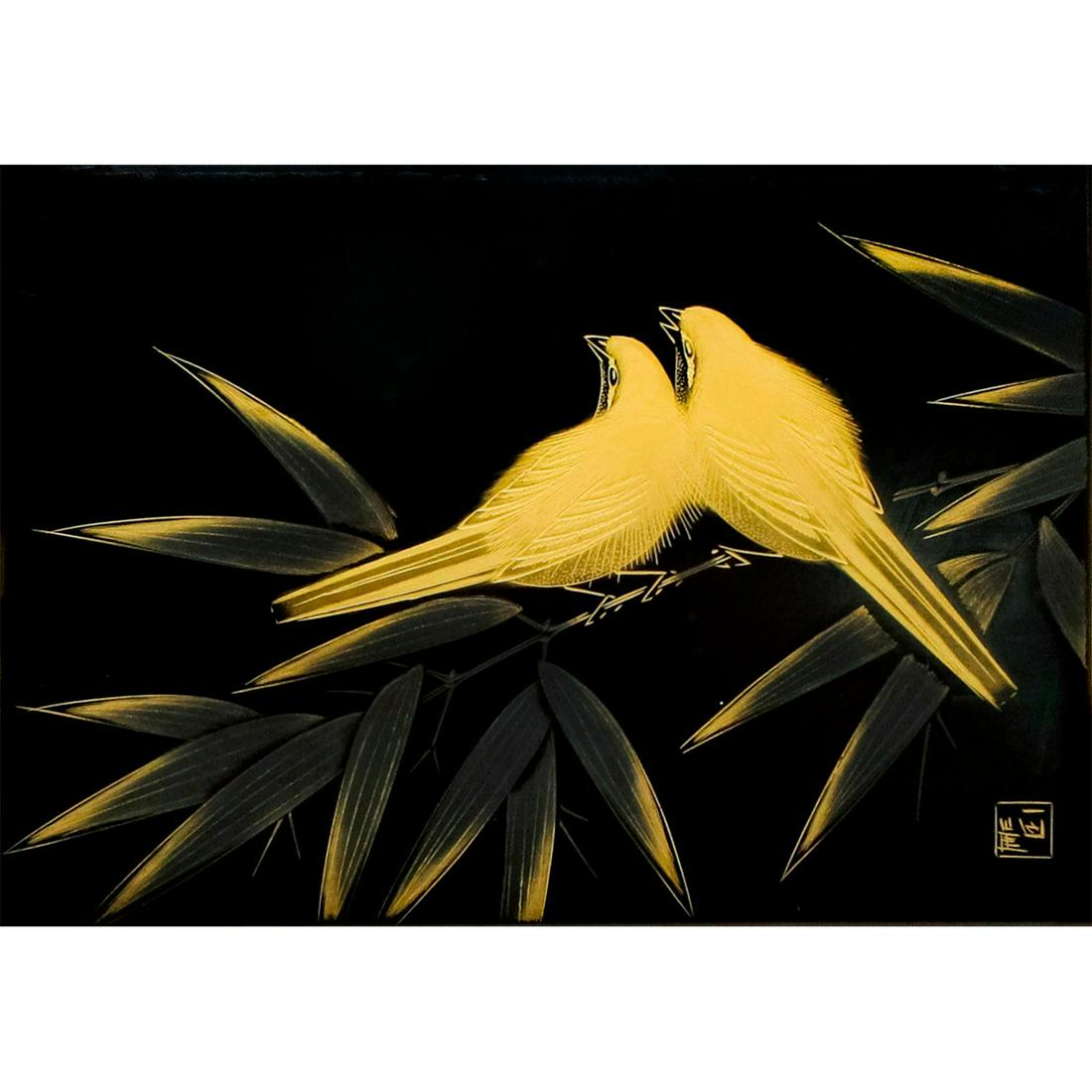 Japanese Wajima Lacquerware Art, Eurasian Tree Sparrows: Signed by artist on lower right corner. Decorated with Chinkin / gold inlay sparrows and bamboos. Wajima Lacquerware certificate sticker on back. Created by a member of Wajima craftsman society. House