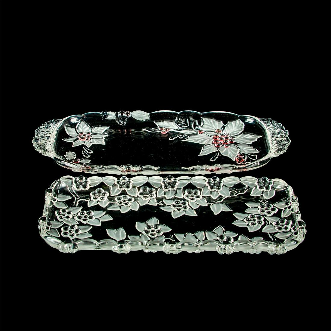 Set of 2 Clear Crystal Canape Trays: Mikasa Holiday Bloom (red tint) SA05 and Walther Glass Carmen pattern Stollenplatte. Both unmarked. Age related wear; minor scuffs and scratches. Mikasa: 15.25"L x 6.5"W. Walther Glass: 13.25"L x 6"W.