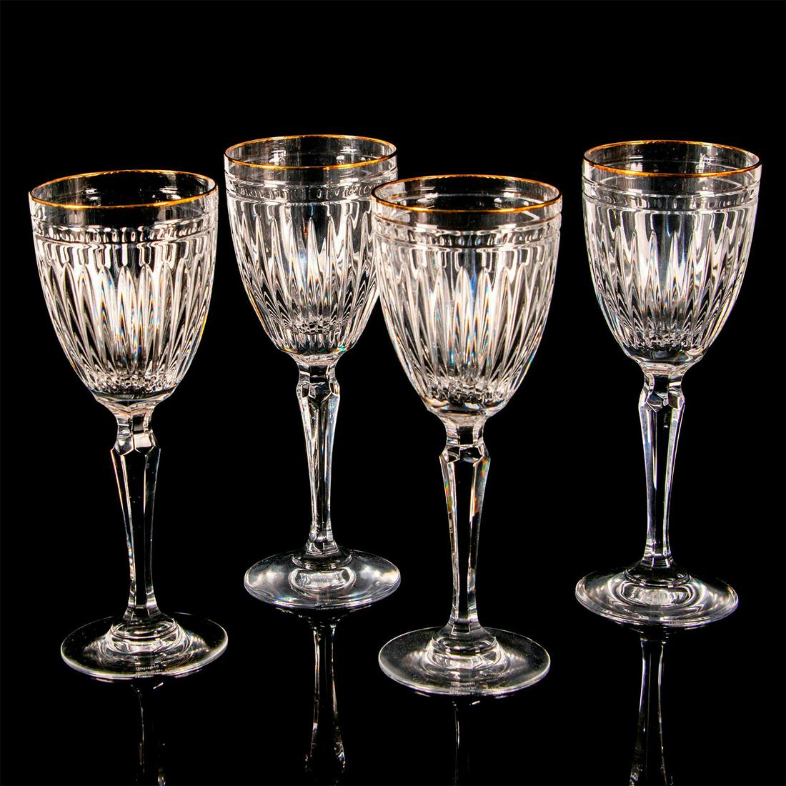 4pc Marquis Waterford Wine Glasses, Hanover Gold: Elegant crystal wine glasses with vertical and horizonal cuts and gold trim. Includes original box. Marquis Waterford etched backstamp. #Marquis #Waterford #HanoverGold #WineGlass #Crystal Issued: 199