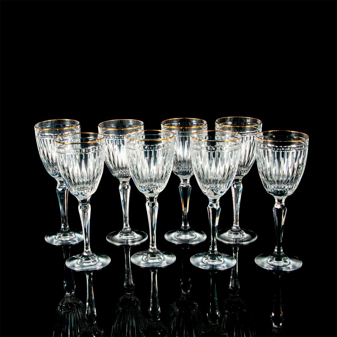 8pc Marquis Waterford Wine Glasses, Hanover Gold: Elegant crystal wine glasses with vertical and horizonal cuts and gold trim. Marquis Waterford etched backstamp. #Marquis #Waterford #HanoverGold #WineGlass #Crystal Issued: 1991 - 2005 Dimensions: 7.