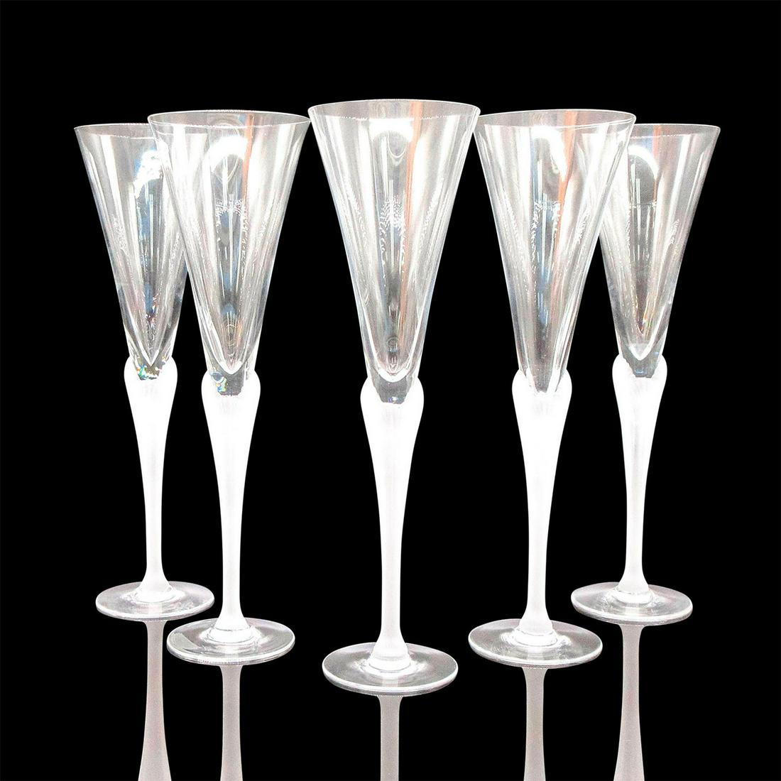 5pc Sasaki Aegean Frost Champagne Flutes: Elegant crystal glassware with frosted stems meet with 4 seashells at the base of bowl with clear wide upper half. #sasaki #crystal #champagne Issued: 20th-21st c. Dimensions: 10.5"H x 3.2" dia. Manuf