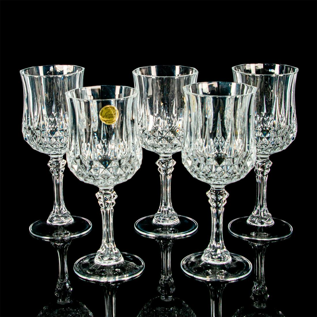 5pc Set of Cristal d'Arques Crystal Wine Glasses: Lead-free crystal glass; elegant diamond patterns throughout; circular base. Cristal d'Arques stickers on two glasses. Age related wear; minor fleabites and cracks throughout. #cristal #wineglass #gla