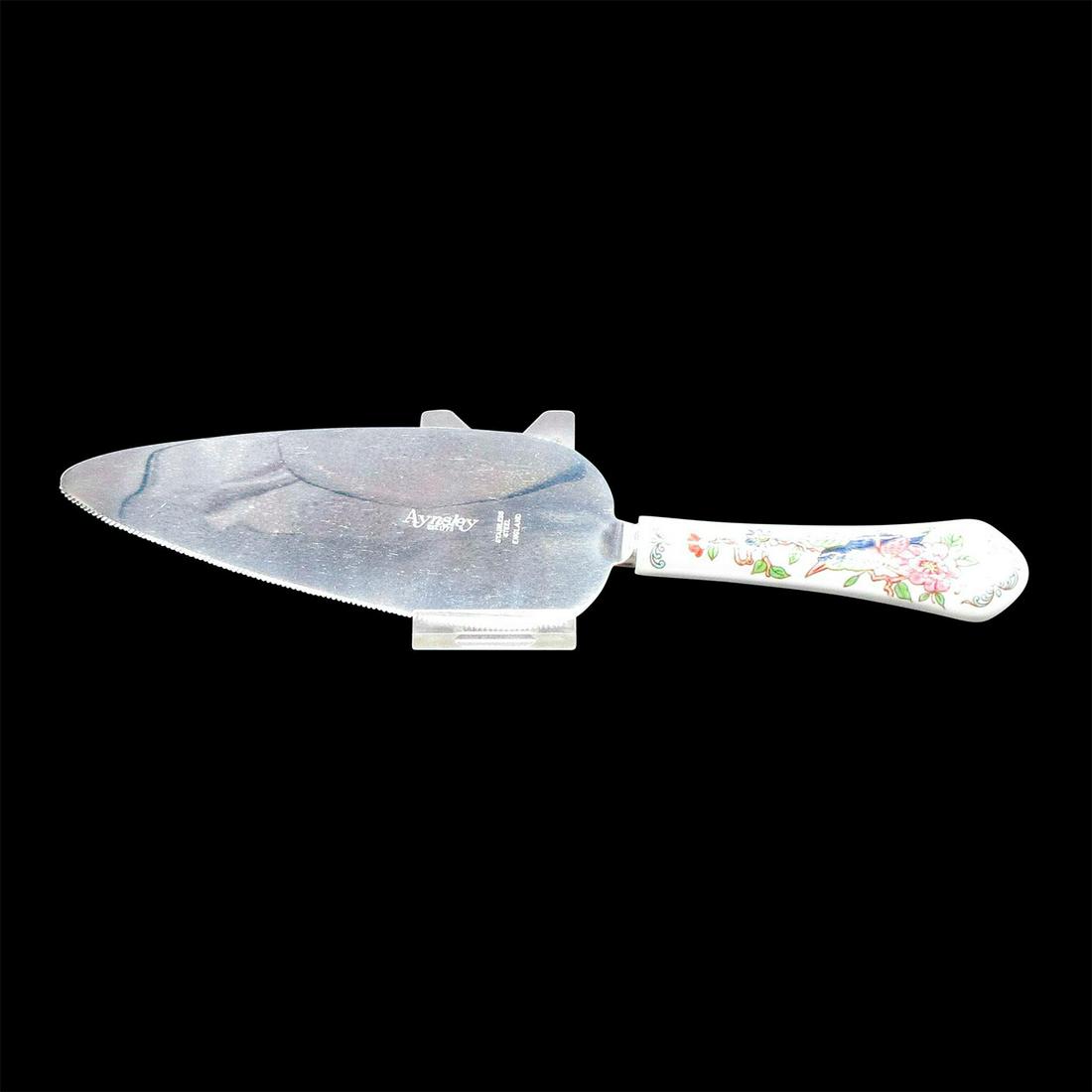 Vintage Aynsley Pie Server, Just Orchid: Stainless steel with Bone China handle decorated in bird and floral motif. One serrated edge. Aynsley backstamp. #cakeknife Issued: 20th c. Dimensions: 9.75"L x Manufacturer: Aynsley Country of Origin