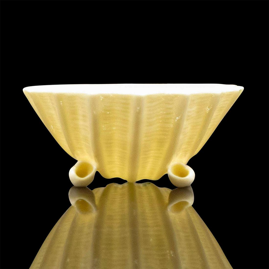 Vintage Belleek Seashell Trinket Dish: Cream color bone china designed into a clam shell with a cob yellow iridescent glazed finish, and small conchs as feet. 6th Mark Belleek green backstamp. #belleek #seashell #dish Issued: 1965-1980 Man