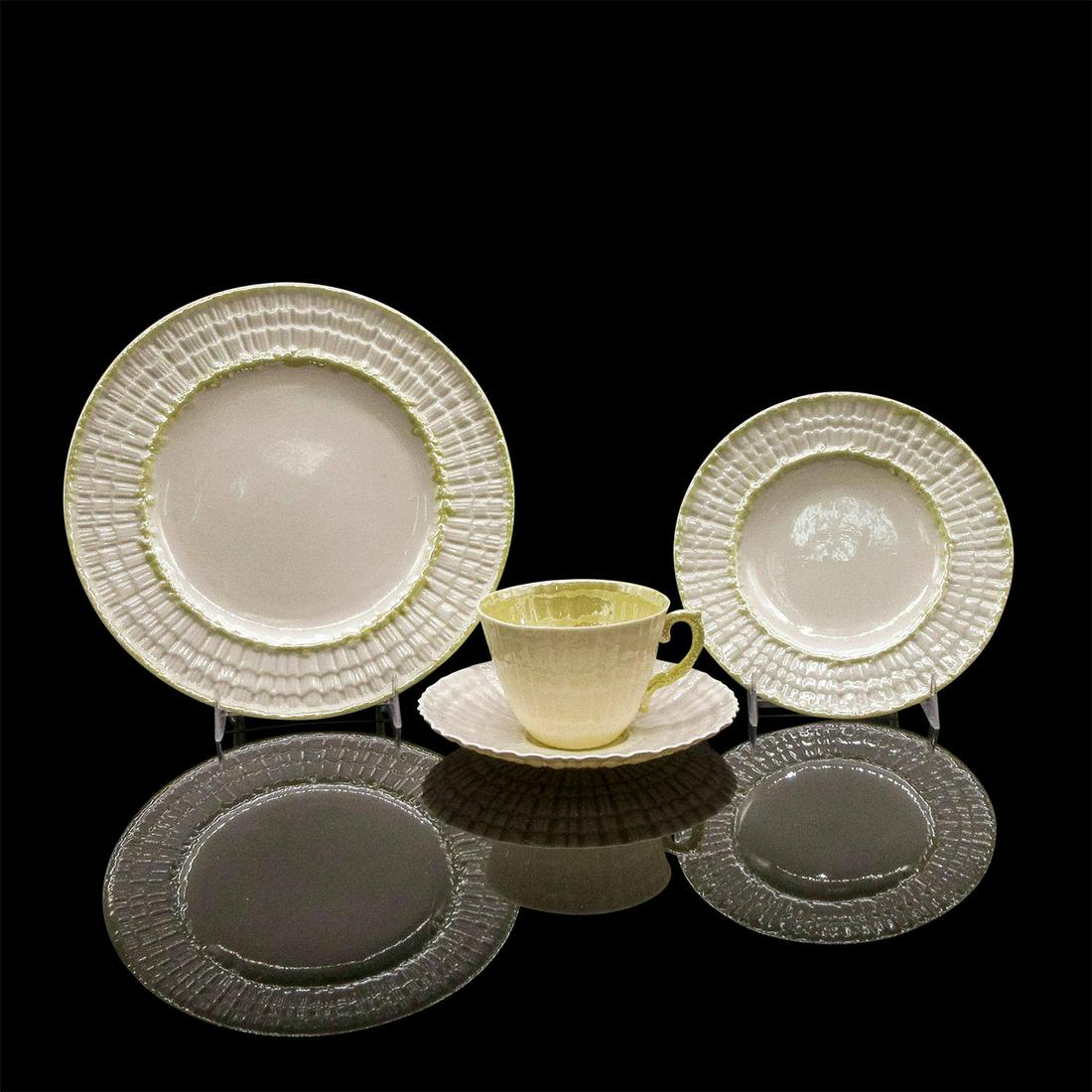 32pc Vintage Belleek Limpet Coffee and Lunch Set: Cream color bone china decorated in shell pattern and cob yellow luster glazed finish. 6th Mark Belleek green backstamp. Set Includes: 8 mugs, 8 saucers, 8 - 8" salad plates, 8 - 6" dessert plates. #b