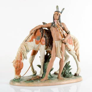 Indian Brave 1013562 - Lladro Porcelain Figurine: Matte porcelain. Lladro backstamp. Artist signature. Includes certificate of authenticity. Artist: Salvador Furio Issued: 1993 Dimensions: 16.5"H x 17"W Edition Number: 606 Edition Size: 1500