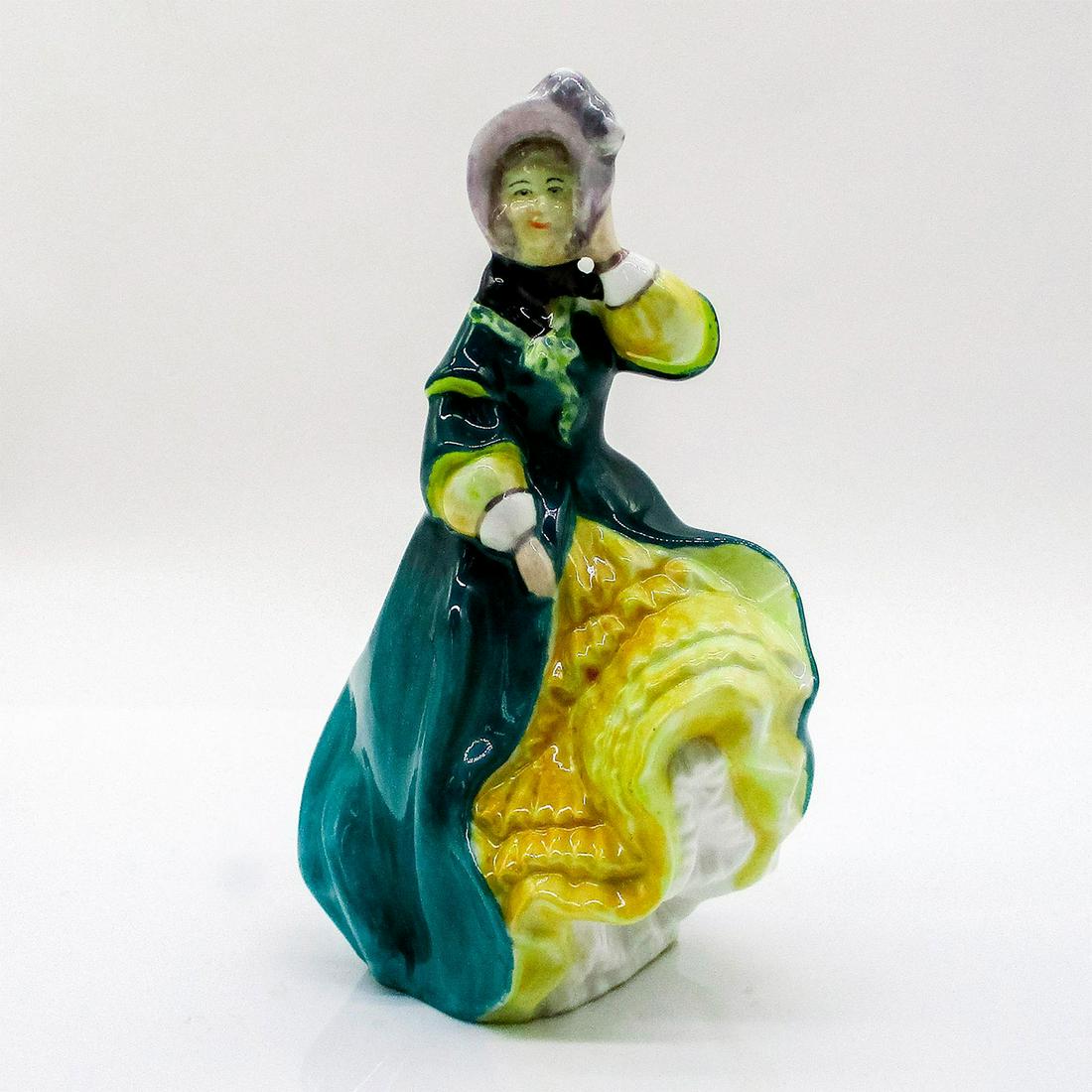 Spring Morning HN1923 - Royal Doulton Figurine: A lady holds her bonnet in blustery weather. Royal Doulton backstamp on underside. Artist: Leslie Harradine Issued: 1940 - 1949 Dimensions: 7.5"H Manufacturer: Royal Doulton Country of Origin: England