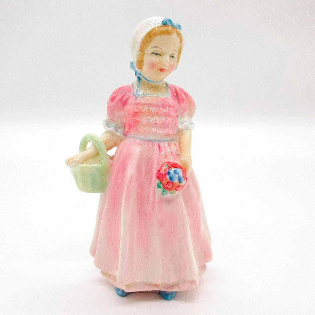 Tinkle Bell HN1677 - Royal Doulton Figurine: Glazed, hand painted bone china. Young girl in a pink and white dress. Basket in one hand and bouquet in the other. Royal Doulton backstamp. Artist: Leslie Harradine Issued: 1935 - 1988 Dimensions: 4.