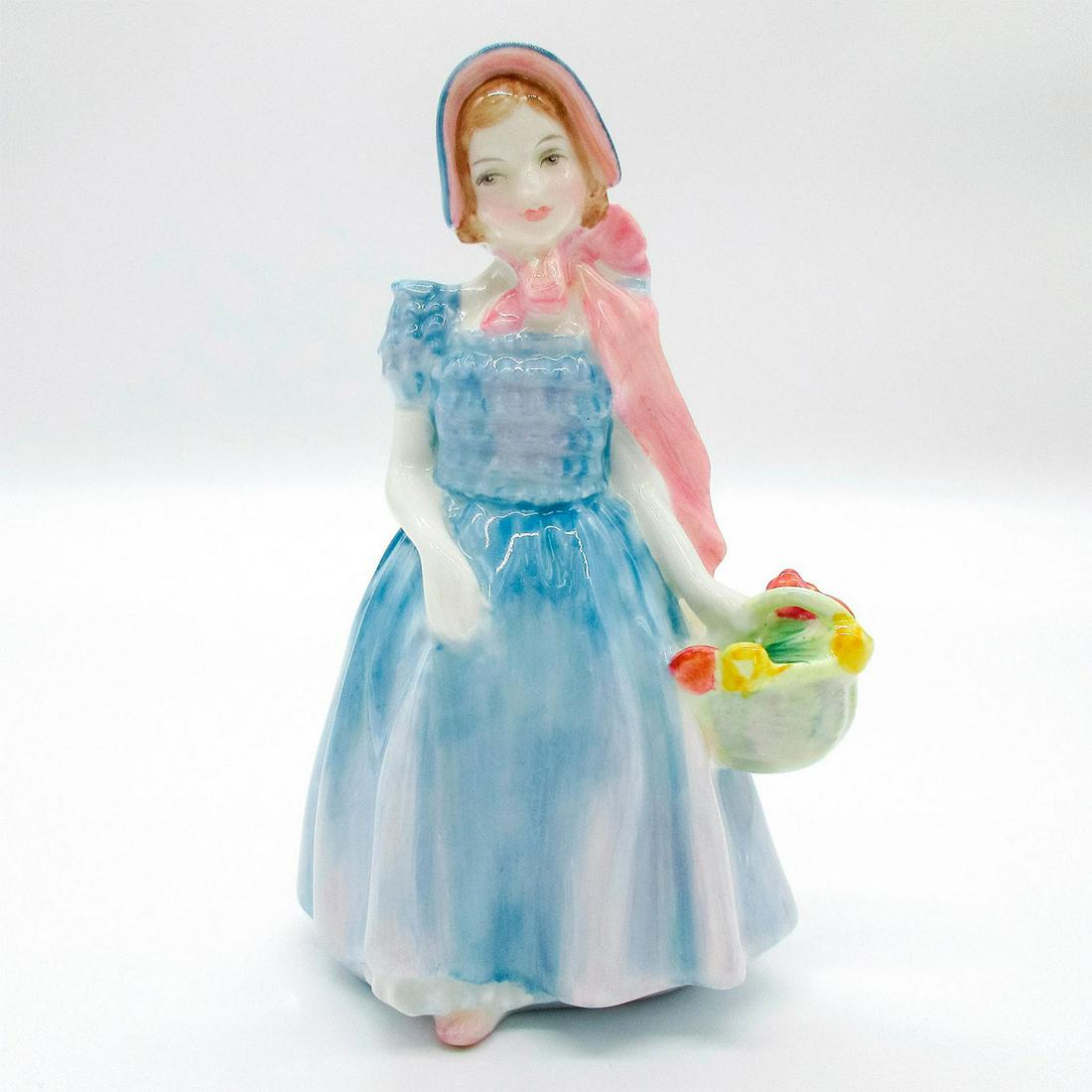 Wendy HN2109 - Royal Doulton Figurine: Glazed, hand painted bone china. Young girl wearing a light blue dress and bonnet with a pink bow, carrying a basket of flowers. Royal Doulton backstamp. Artist: Leslie Harradine Issued: 1952 Dimensio