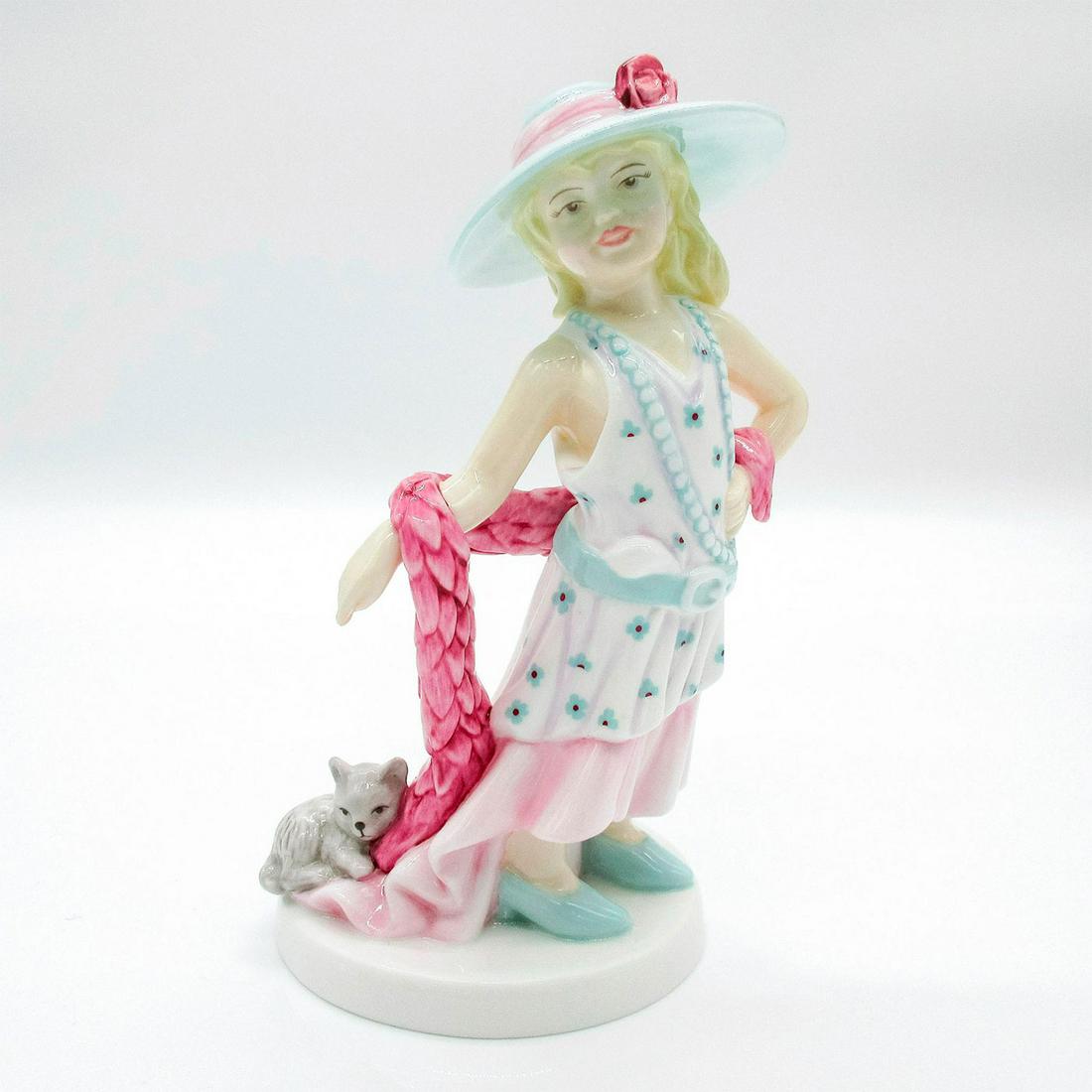 Dressing Up CH11 - Royal Doulton Figurine: Glazed, hand painted bone china. Little girl trying on mommy's pink and blue dress, heels, hat, and feather boa. Gray cat on the skirt. Royal Doulton backstamp. Artist: Tom Mason Issued: 2006 Dime