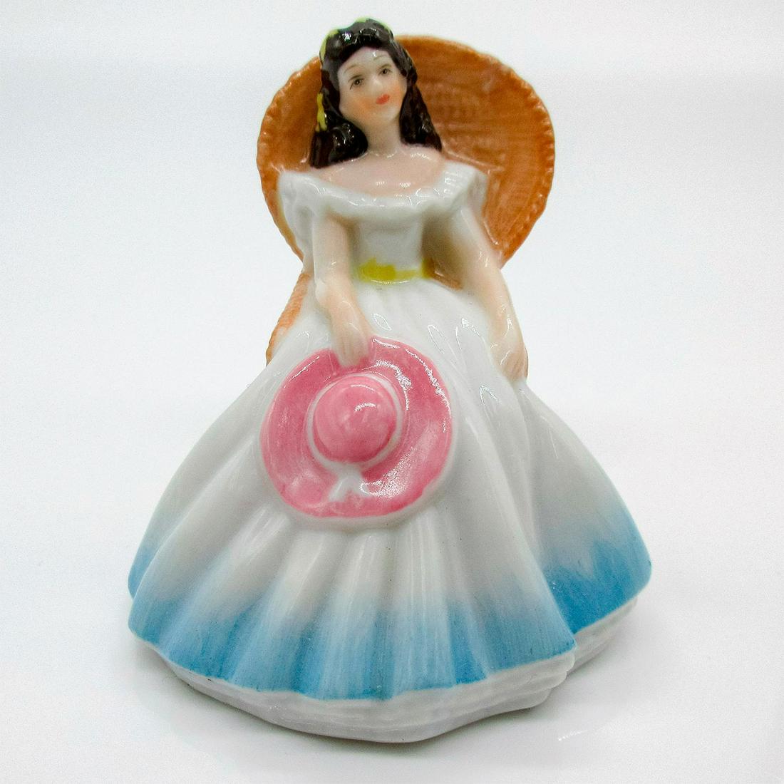 Annabel M218 - Royal Doulton Figurine: Glazed, hand painted bone china miniature. Seated pretty lady is in a white and blue dress with a yellow belt. She is holding a pink hat. Series: Miniature - New Pretty Ladies. Royal Doulton backstamp