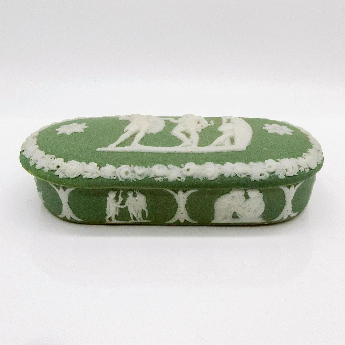 Wedgwood Jasperware Sage Green Oblong Trinket Box: Oblong shaped sage green dipped lidded trinket box with cream sprig neoclassical design and floral sprig rim. Wedgwood impressed backstamp. #wedgwood #jasperware #trinket #box #sage Issued: 20th c. Di