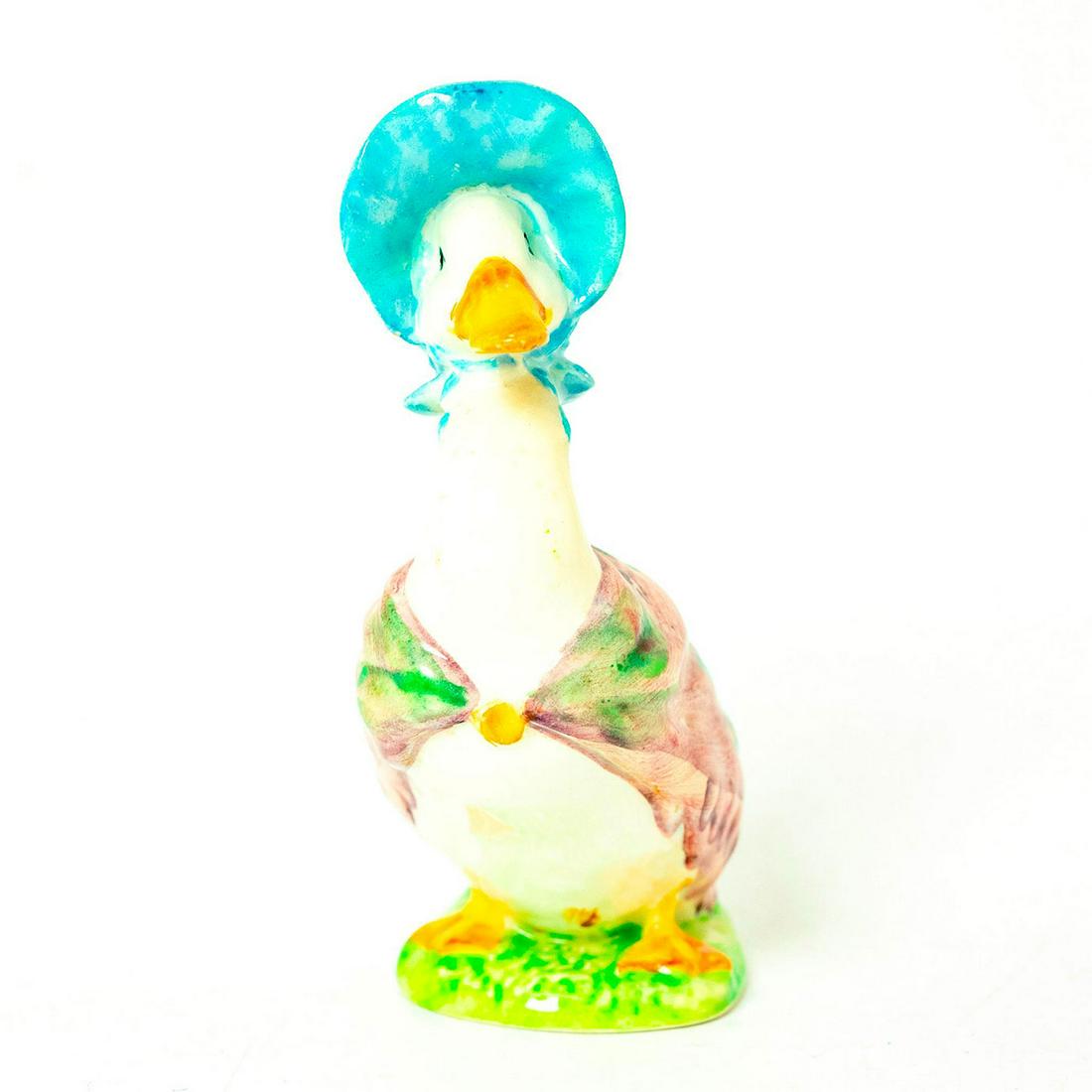 Jemima Puddle-Duck - Gold Oval - Beatrix Potter Figurine: Gold Oval Backstamp. Mauve or pink shawl, light blue bonnet, yellow scarf clip. Artist: Arthur Gredington Issued: 1948 - 2002 Dimensions: 4.75''H Manufacturer: Beswick Country of Origin: England