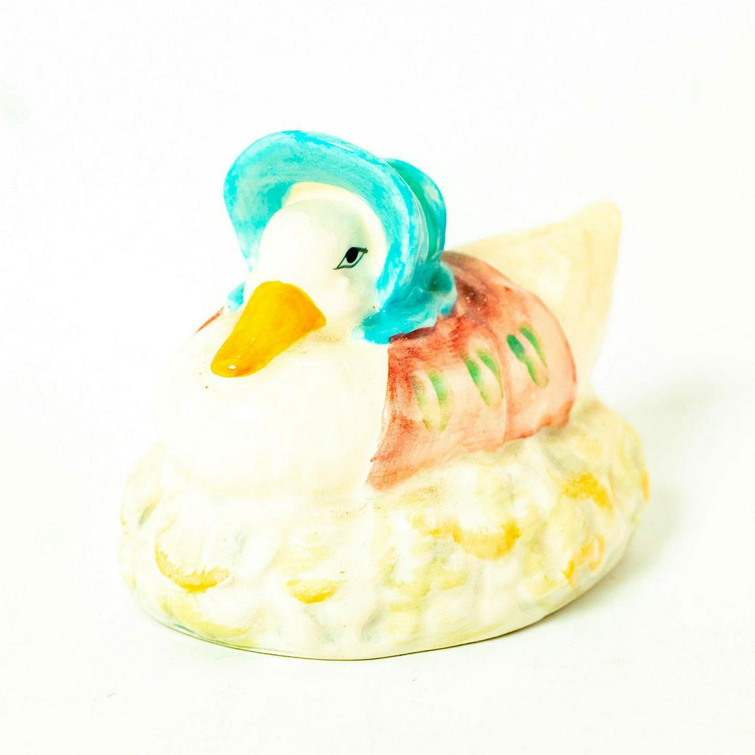 Jemima Puddle-Duck Made a Feather Nest - Beswick - Beatrix Potter Figurine: Beswick Backstamp. White duck, mauve or pink shawl, blue hat. Artist: David Lyttleton Issued: 1983 - 1997 Dimensions: 2.25''H Manufacturer: Beswick Country of Origin: England