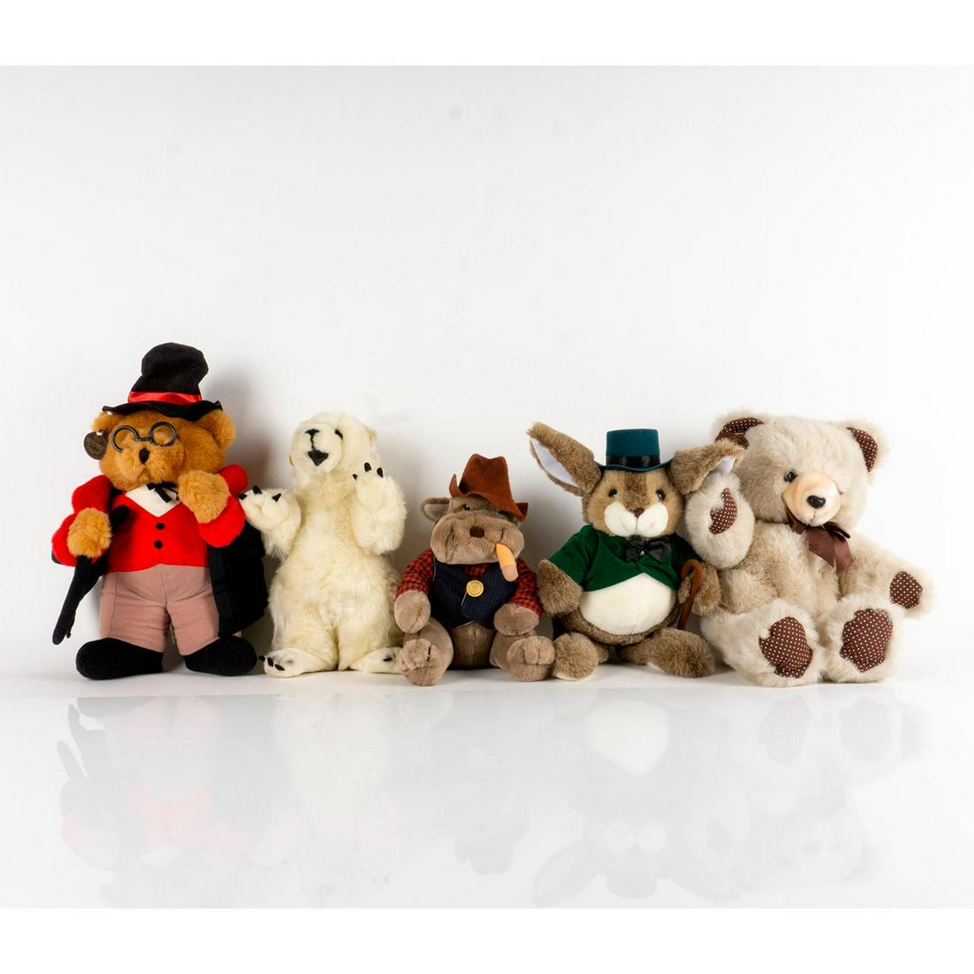 Group of Heritage Collectible Stuffed Animals Teddy Bears: A group of five, The Heritage Collection, vintage stuffed animals and teddy bears. Includes: Rabbit in green hat, bowtie, walking stick - 12" Puppy Dog in blue vest with gold button, pad shirt, an