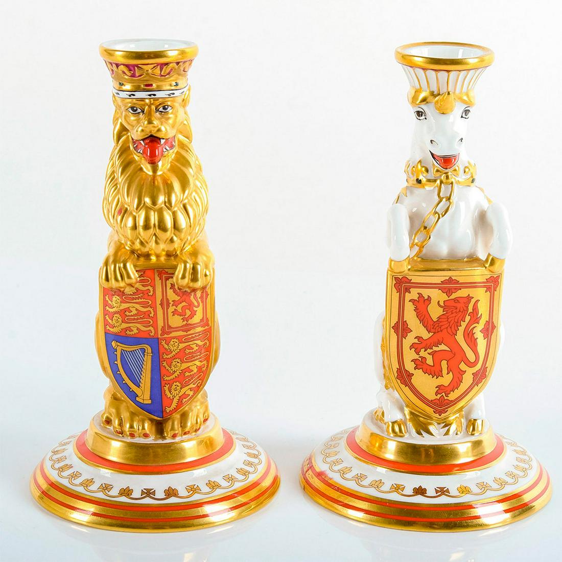 Pair of Minton QEII Silver Jubilee Candlesticks: With a Lion and Unicorn, Royal Shields, and elaborate gold gilding. Made for Mulberry Hall York. Marked 1952 - The Queen's Silver Jubilee - 1977, Minton to base. #QEII #Lionandunicorn Issued: 1977
