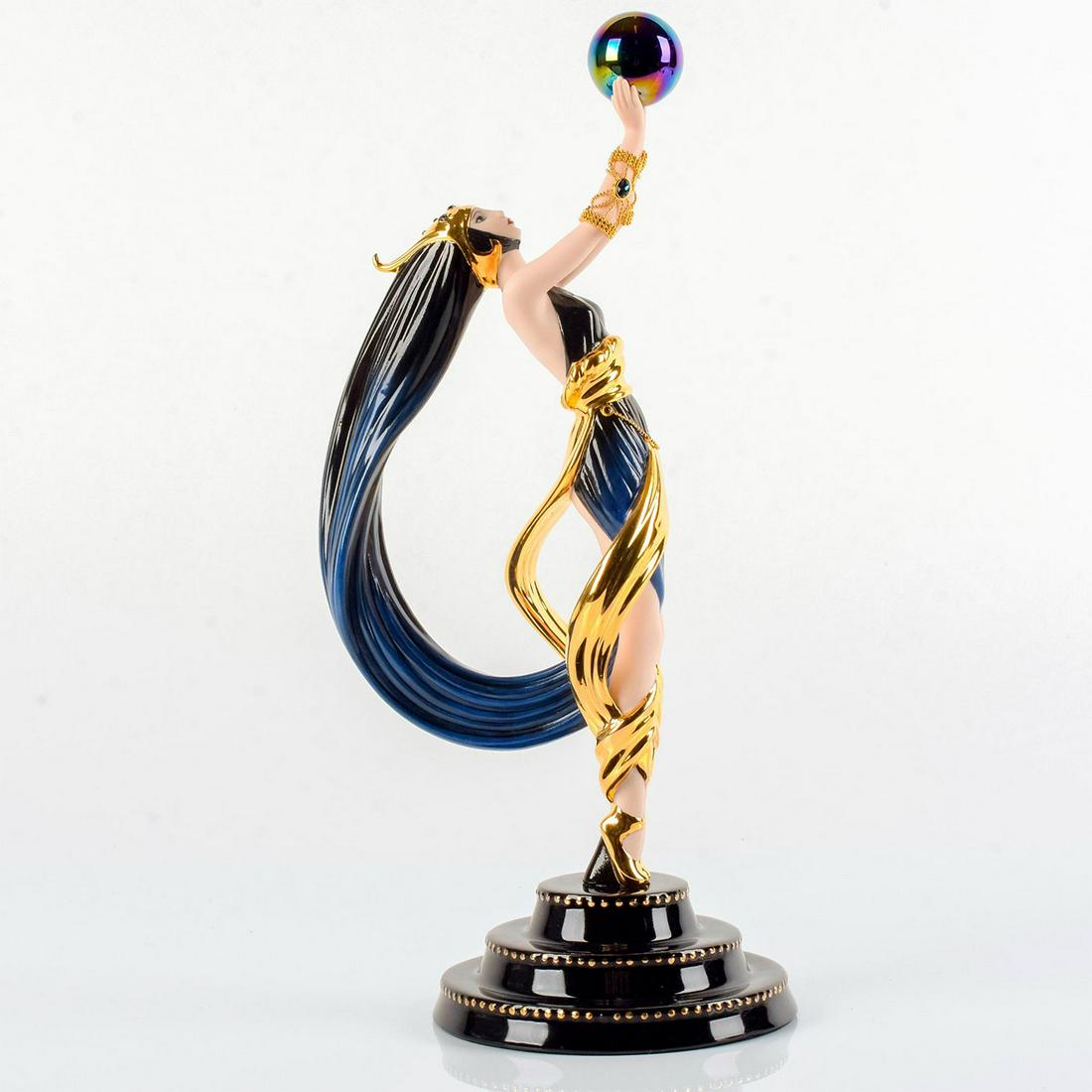 Franklin Mint House of Erte Figurine, The Globe: Hand-painted porcelain; coated in 24 karat gold; adorned with a multi-hued sphere. Limited edition of 9,500. Includes original box and certificate of authenticity. Franklin Mint backstamp. Good condit