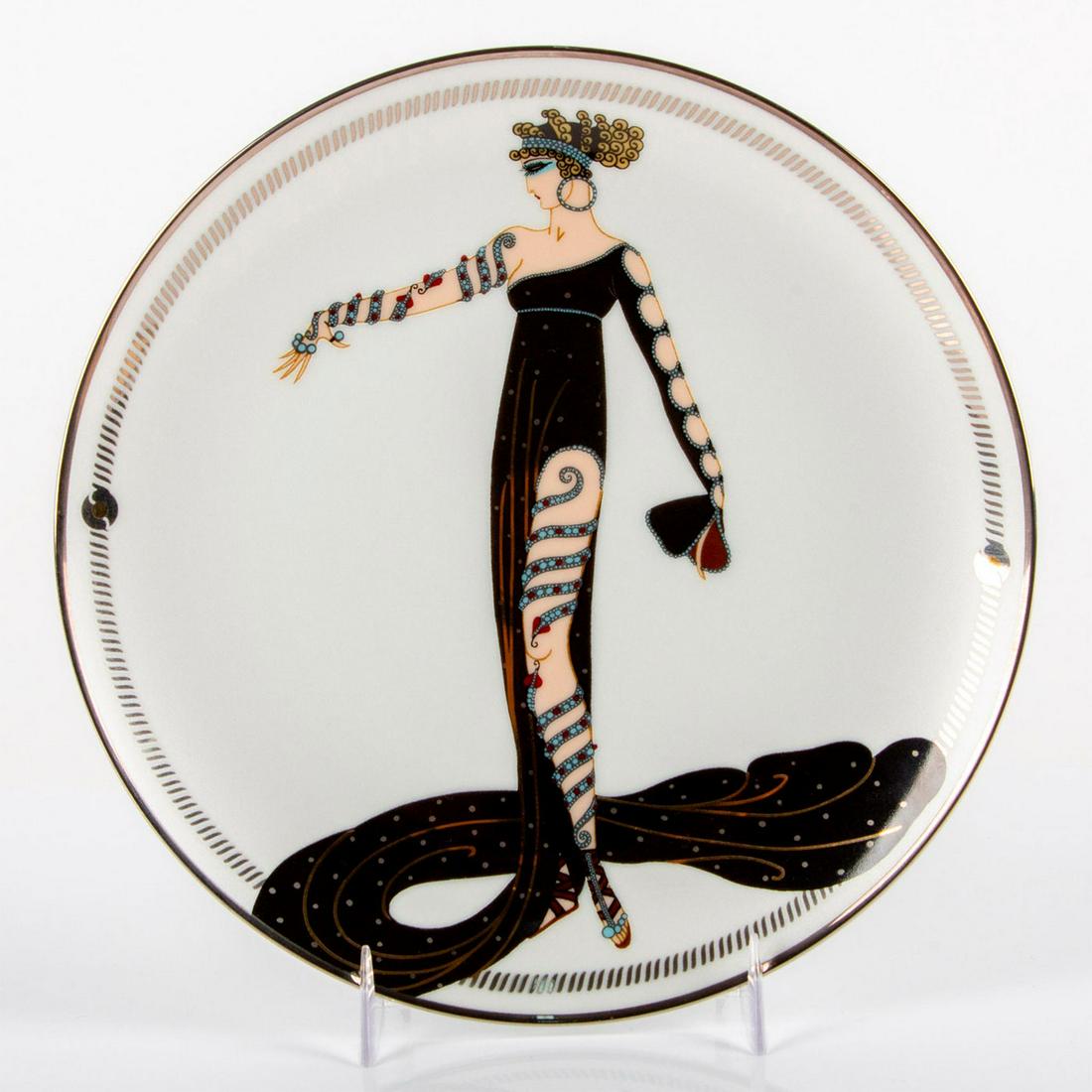 Franklin Mint House of Erte Collector Plate, La Merveilleuse: Fine porcelain; bordered and individually hand-numbered in platinum. Includes certificate of authenticity. Limited edition of 45 firing days; edition number HI9037. Franklin Mint backstamp. Designated