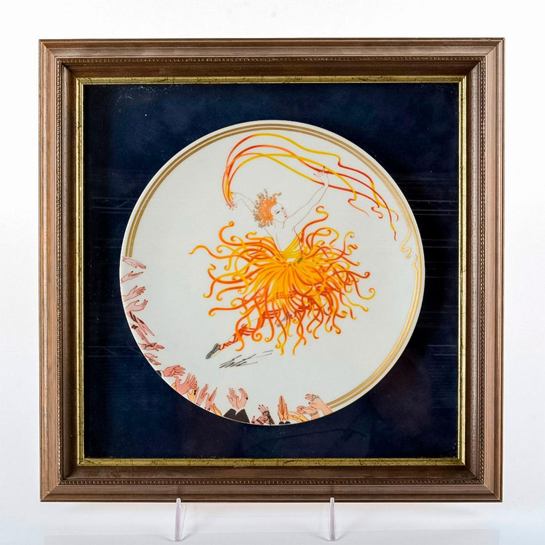 Framed Hibel Studio Erte Collector Plate, Applause: Limited edition of 7,500; issued to honor Italian artist Romain de Tirtoff on his 92nd birthday. Housed in attractive wood frame with blue matte and glass front. Erte signature beneath artwork. Hibel