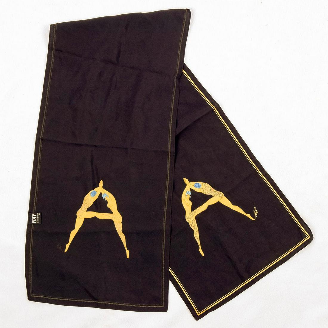 Vintage Erte Oblong Scarf, Letter A: Art Deco silk scarf with 2 women forming the letter "A". Printed signature lower right. Tag marked Erte, for Carry Back Ltd. #erte #artdeco #silkscarf Artist: Romain de Tirtoff Issued: c. 1980