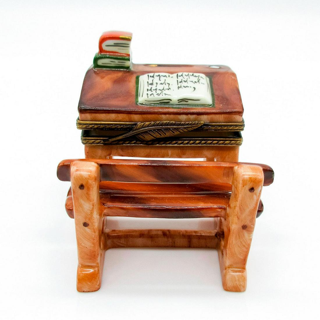 Writing Desk - Elda Creations Limoges Trinket Box: Hand painted porcelain hinged box in a shape of a writing desk with three books on top. Hinged lid. Box opens perfectly and reveals a feather quill inside. Elda Creations, Limoges, France, Peint Main,