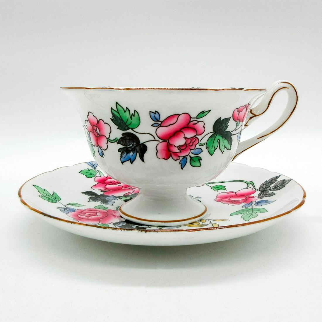 2pc Shelley England Cup and Saucer, Chippendale: Vintage bone china tea wares; Gainsborough style. Multi-colored floral pattern with brown rim. Shelley England backstamp. 13673 hand-written on base. Cup size - 2.75"H x 4" diameter (widest).