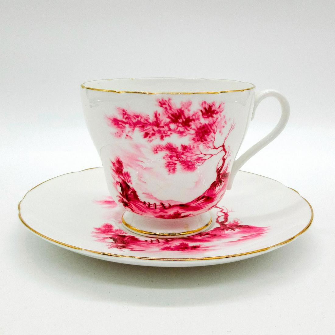 2pc Shelley England Richmond Cup and Saucer, Rural England: Vintage bone china tea wares; Richmond shape. Rural England scene in red coloration. Gold gilt accents. Shelley England backstamp. Cup size - 2.75"H x 3.25" diameter (widest). Saucer size - 0.