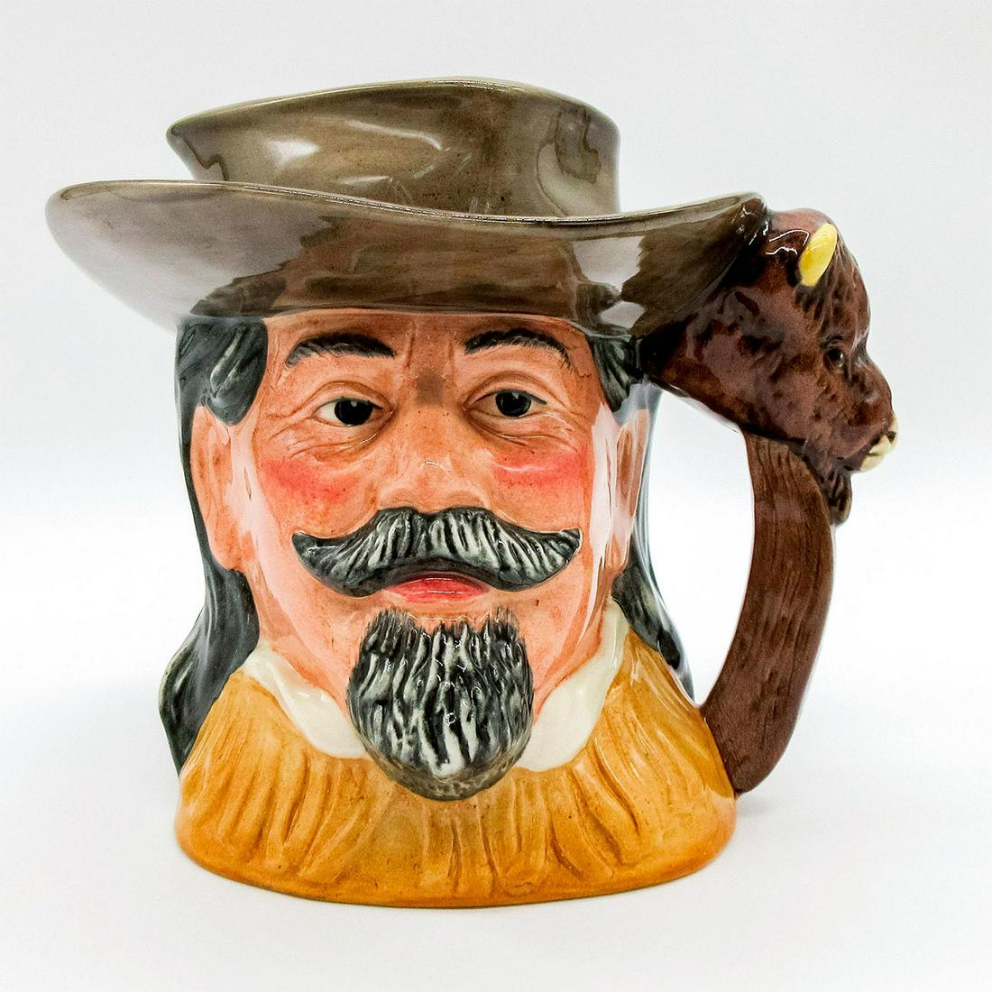 Buffalo Bill D6735 - Odd Size - Royal Doulton Character Jug: Light brown hat and buckskin jacket. William Frederick Cody (1846 - 1917) was a scout, plainsman, soldier in the Civil War, hotelier, rancher and showman. His expert marksmanship as a buffalo hunter e
