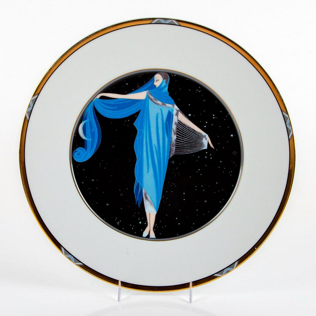 Mikasa Erte Bone China Charger, Moonlight UH200: Gold tone rim; featuring art deco woman in blue robes; starry sky backdrop. Includes original box. Erte backstamp. Title and item number on back. Good condition. #mikasa #erte #plate #moonlight Issued