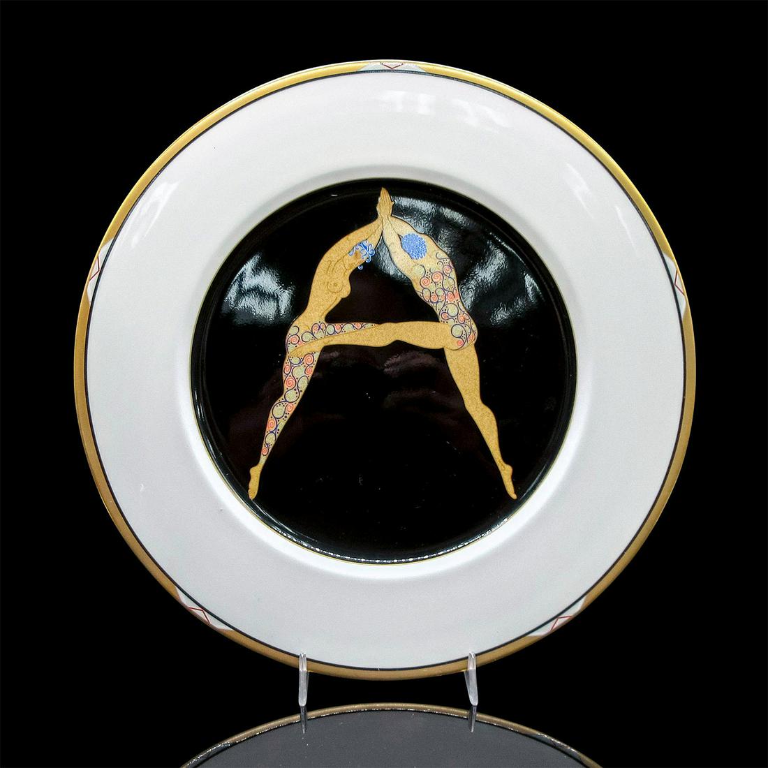 Vintage Erte Plate, The Alphabet A, A3202: Bone china; gold-tone rim; two nude women forming the capital letter A. Erte backstamp. Title and item number on back. Good condition. #mikasa #erte #plate #alphabet Issued: 1987 Dimensions: 12" dia. 