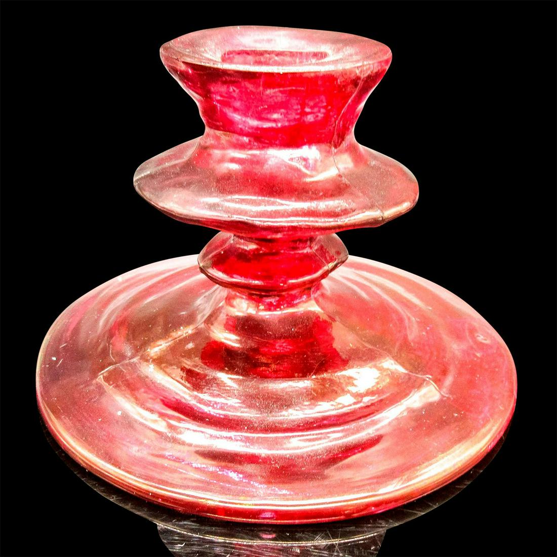 Consolidated Phoenix Glass Candlestick Holders: Catalonian style candle holders in ruby satin finish. Issued: 20th c. Dimensions: 3.25"H x 4.75" dia. Manufacturer: Phoenix Glass Company Country of Origin: United States