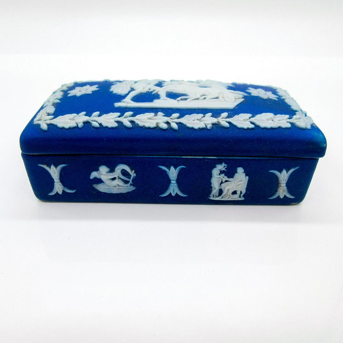 Wedgwood Jasperware Dip Match Hold Box with Lid: Matte ceramic rectangle box. Cream color 'Ulysses Staying the Chariot of Victory' reliefs on cobalt blue Jasperware dip. Wedgwood backstamp. #Wedgwood #JasperwareDip Issued: c. 1891 Dimensions