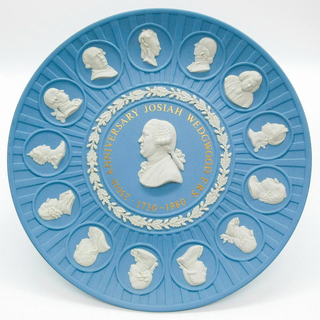 Wedgwood Pale Blue Jasperware, Josiah Wedgwood Plate: Commemorative plate; The 250th anniversary of the birth of Josiah Wedgwood FRS 1730 - 1795. Wedgwood impressed on the back. Josiah Wedgwood and his circle names stamped in gold. Weight - 14.9 oz. Mino