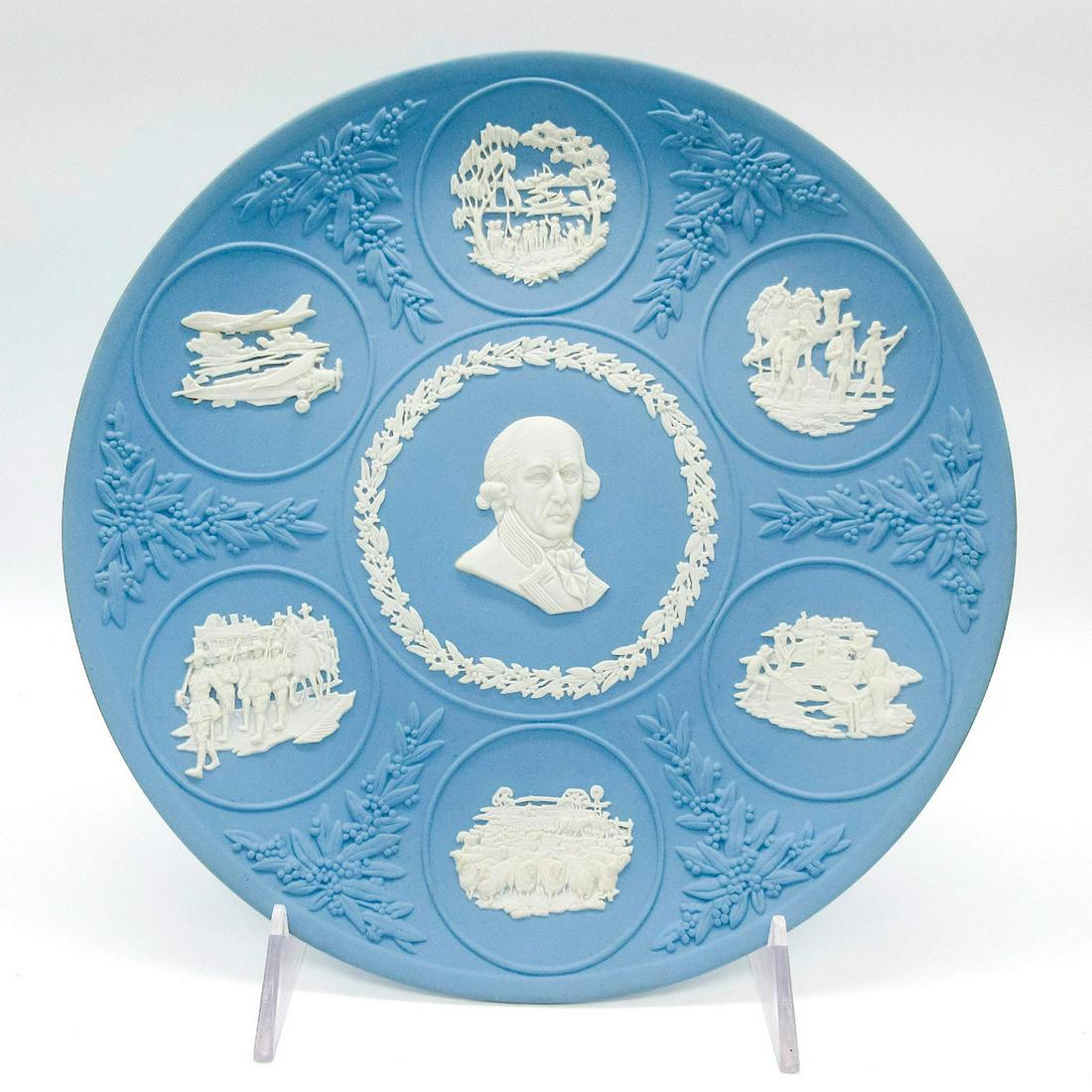 Wedgwood Blue Jasperware 1988 Australia Bicentennial Plate: Blue Jasperware with cream color reliefs depicting Australia's significate moments in its first 200 years. A limited edition of 500. Wedgwood backstamp. #Wedgwood #Jasperware #Australia #Bicentenn