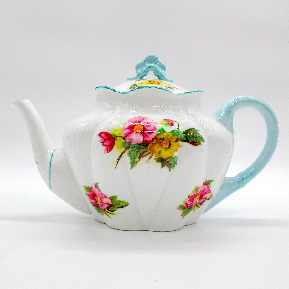 Shelley England Fine Bone China Teapot, Begonia: Vintage lidded teapot; Dainty shape. Pink and yellow begonia flower pattern with light blue rim. Shelley England backstamp. 13427 stamped on base. #cupandsaucer #Shelley Issued: 1945-1966 Dimensions:
