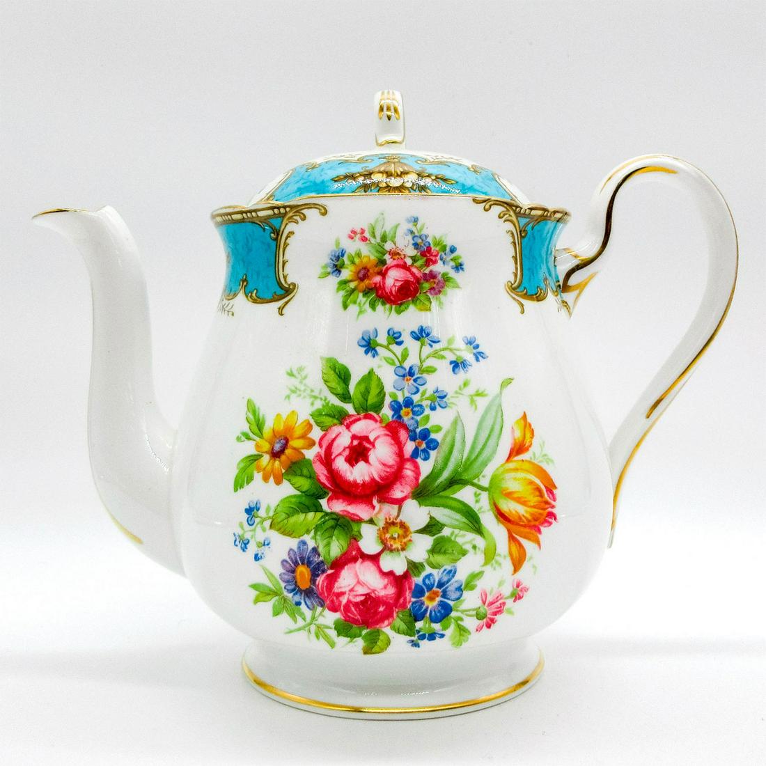 Shelley England Teapot, Duchess Blue: Vintage bone china teapot with lid. Delicate multicolored flower pattern with gilt accents. Shelley England backstamp. 13403 stamped on base. #dinnerware #Shelley Issued: 1945-1966 Dimensions: 5"L x 8