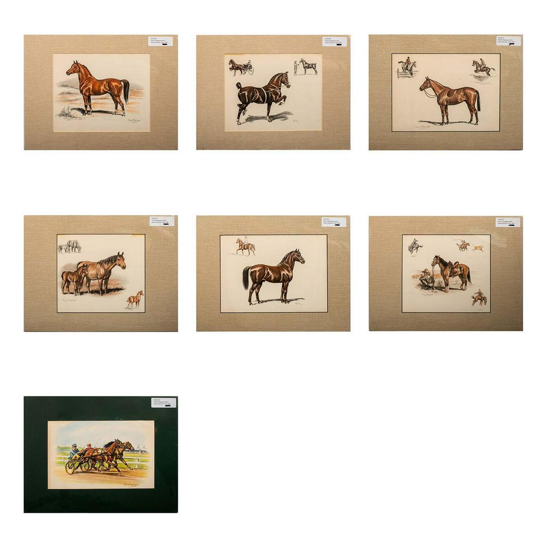 7pc Horses by Edwin Megargee, Matted Art Prints: Various types of horse illustrations in brown, black, green, blue and red coloration. Sight size - 8"H x 11"W. Mat board size - 12"H x 16"W. Weight - 2lb 14oz. Age related wares. Overall good conditio
