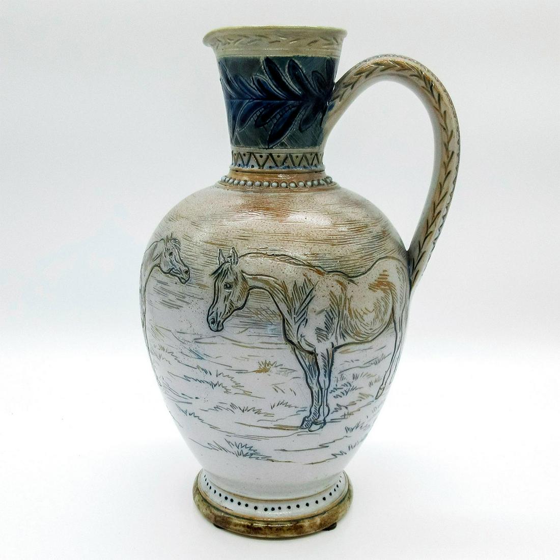 Hannah Barlow (British 1851-1916) Horses Stoneware Pitcher: Antique art pottery pitcher with horses in a pasture, with artist initials signed to underside. With Doulton Lambeth 1876 impressed to underside. #horses #artpottery #HannahBarlow #Equestrian Artist: 