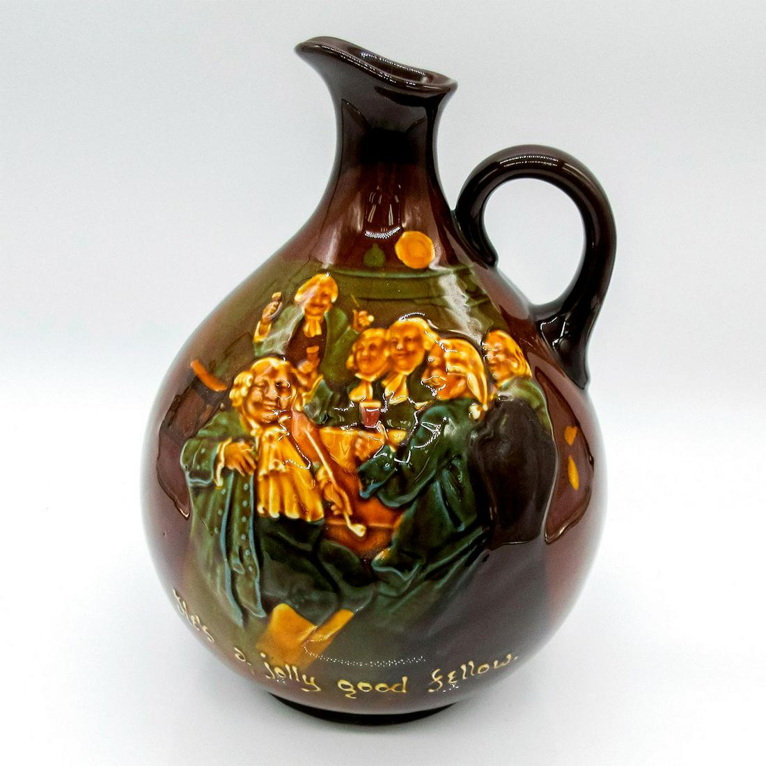 Royal Doulton Kingsware Flagon, Tavern Celebration: Deep rich brown glaze globular flask. Relief of six 18th century men celebrating and drinking in a tavern. Caption: He's a jolly good fellow. Royal Doulton backstamp. #RoyalDoulton #Flagon #Whisky Iss