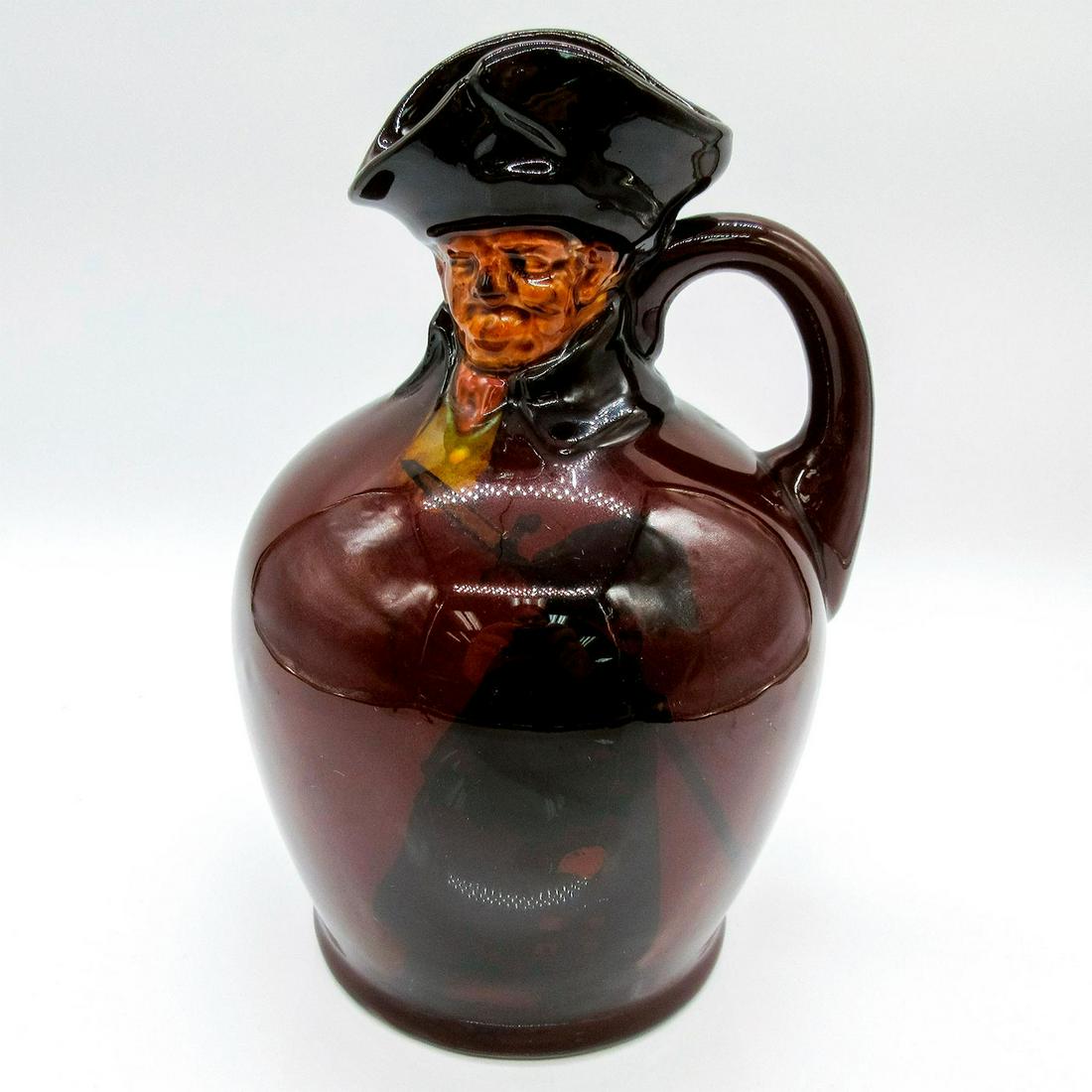 Royal Doulton Flagon, The Watchman: Deep rich brown glaze flask; transfer image of the watchman on the body, and modelled head at the neck. Royal Doulton backstamp. Rd. No. 436947. #RoyalDoulton #Kingsware #TheWatchman Issued: c. 1904 D