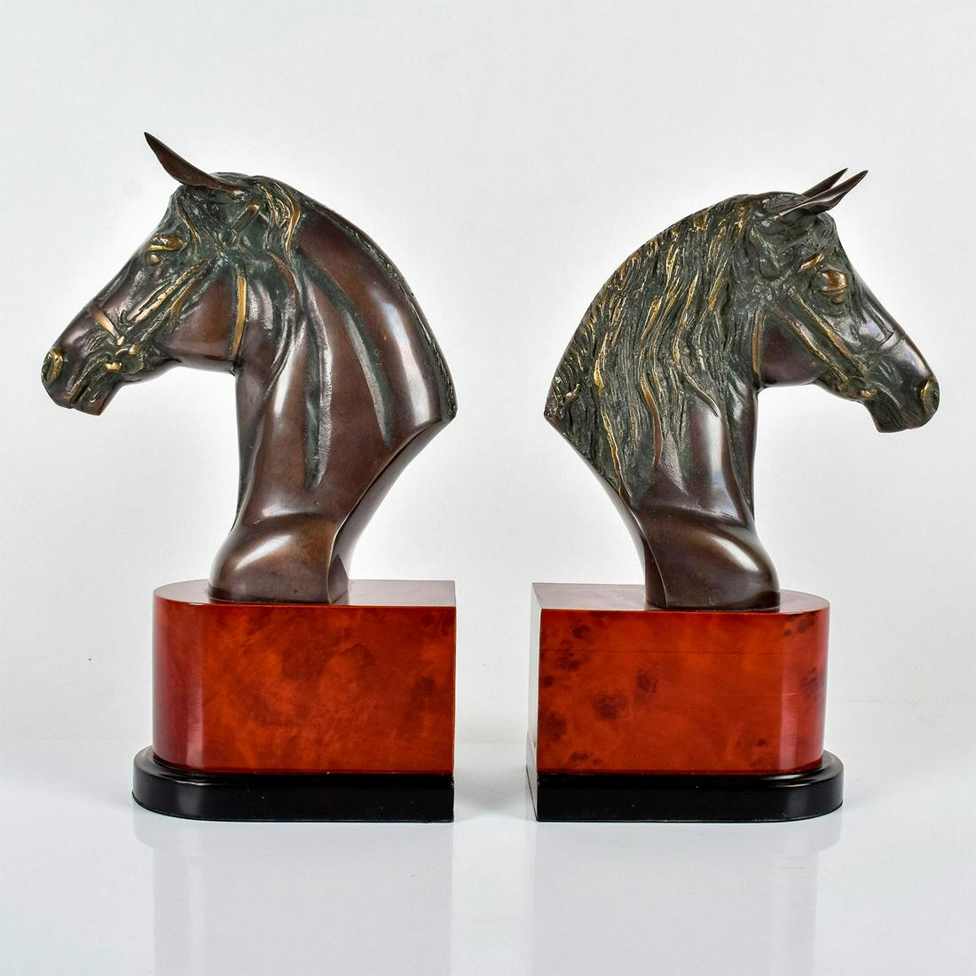 Pair Large Bronze Horse Head Bookends on base (1 of 5)