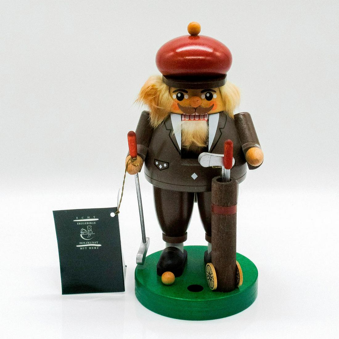 Vintage Richard Glaesser Nutcracker, Golfer: Wood-turned body parts; fabric hair and beard; lever on back operates mouth. Richard Glaesser sticker and tag attached. Good condition. #richardglaesser #nutcracker #golf #christmas Issued: 20th c. Di