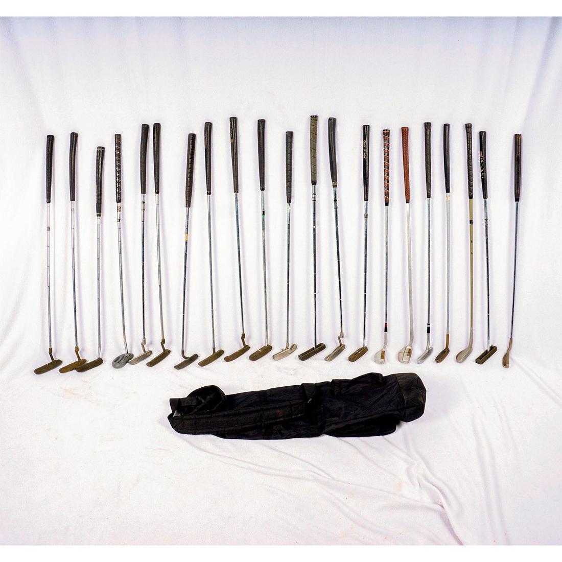 18 Assorted Metal Putter Clubs with Carry Golf Bag: Black Jack Walter Hagen, Zebra Face Balanced, Ping, Mike Souchak MacGregor N207, MacGregor 142, Golfcraft Cypress Combo, Otey Crisman, PowerBilt, Tommy Armour T-Line VI #golf #golfclubs #putters