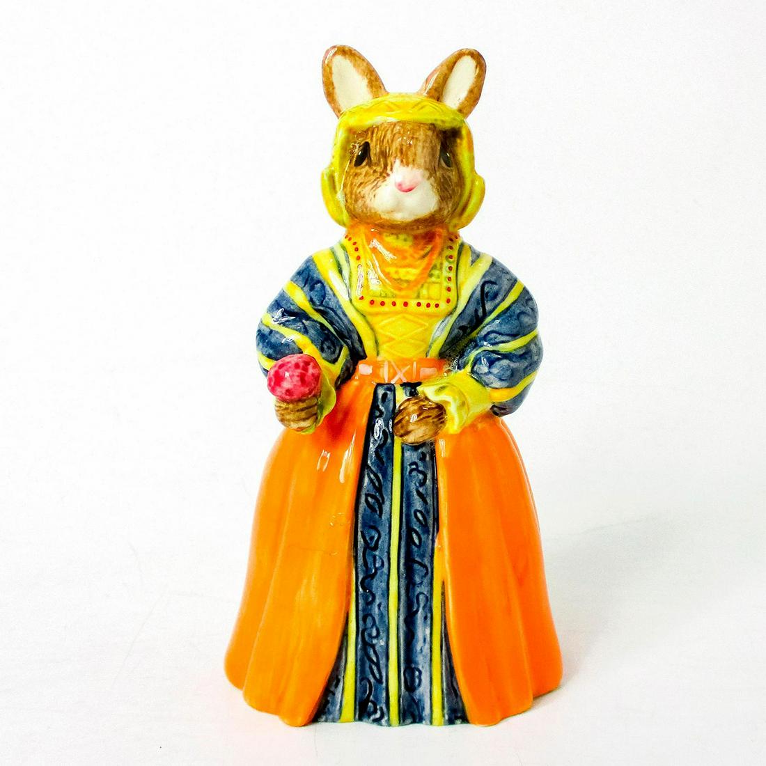 Anne of Cleves DB309 - Royal Doulton Bunnykins: Orange, black, yellow, red, and blue coloration. Royal Doulton backstamp. Artist: C. Dadd Issued: 2003 - 2005 Dimensions: 4.25"H Country of Origin: England Manufacturer: Royal Doulton