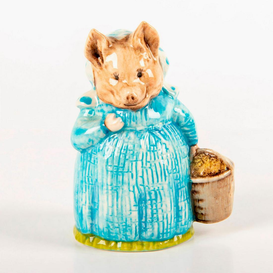 Aunt Pettitoes - Unmarked - Beatrix Potter Figurine: Blue and white striped dress, polka dot bonnet. Unmarked. #beswick #beatrixpotter #figurine Issued: c. 1970 Dimensions: 3.5"H Country of Origin: England Manufacturer: Beswick
