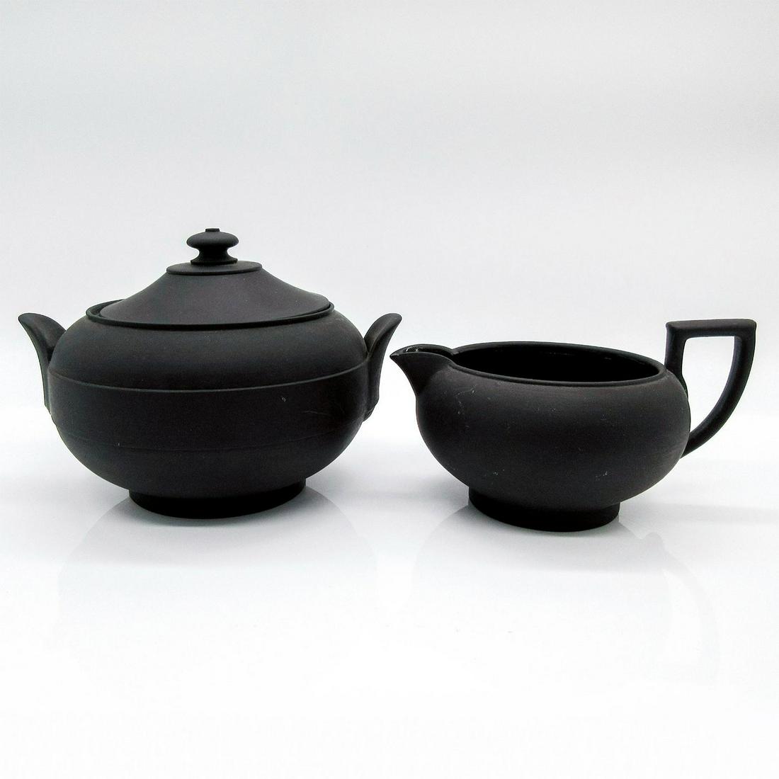 2pc Wedgwood Black Basalt Sugar Bowl + Cream Pitcher (1 of 5)