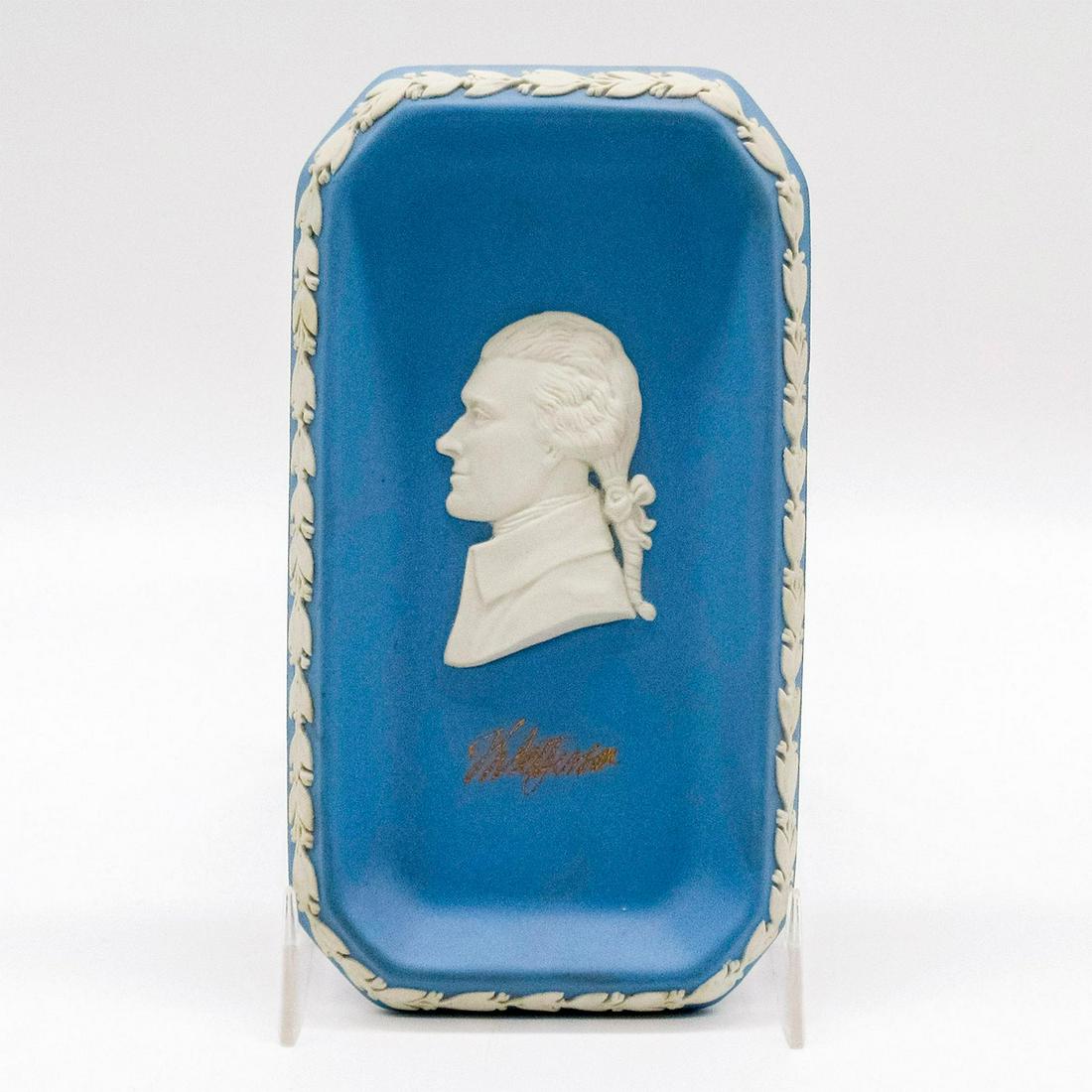 Wedgwood Jasperware Pale Blue Tray, Thomas Jefferson: Wedgwood Collector's Society exclusive; white relief depiction of Thomas Jefferson's profile. Jefferson written in gold lettering under profile. Wedgwood impressed on base. Good condition. #wedgwood #